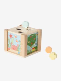 Brinquedos-Primeira idade-Primeiras manipulações-Cubo de atividades 2 em 1, em madeira FSC®: puzzles e formas para encaixar