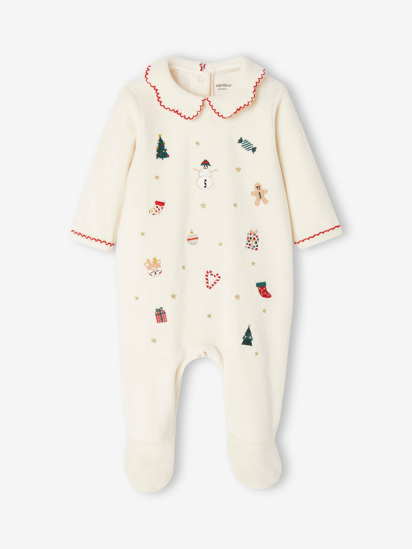 Pijama de Natal bordado, em veludo, para bebé - cru