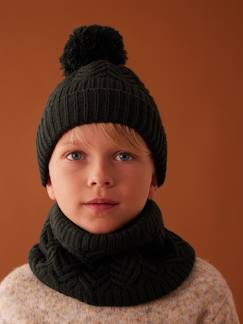 Conjunto gorro + gola snood + luvas em malha aos torcidos, para menino