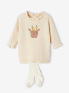 Bebé 0-36 meses-Conjuntos-Conjunto de Natal, vestido em tricot com rena + collants, para bebé