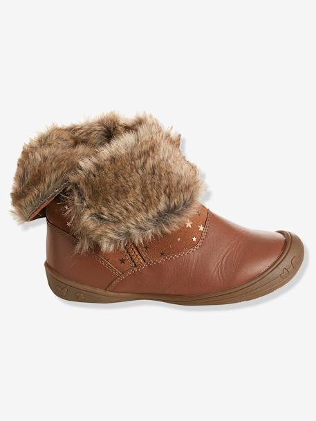Botas em pele, para menina Camel+Preto 