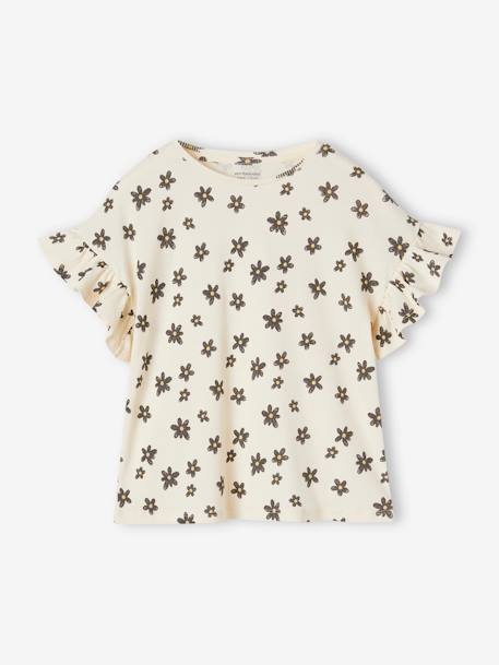 T-shirt em canelado, estampada às flores, para menina bege+branco estampado 