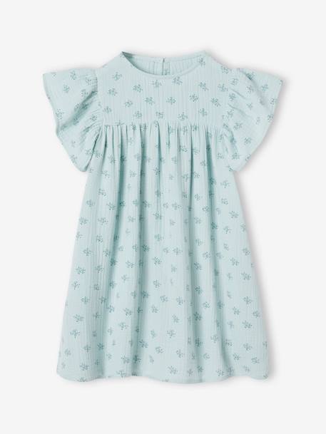 Vestido estampado às flores, em gaze de algodão, para menina azul-acinzentado+cru+rosa 