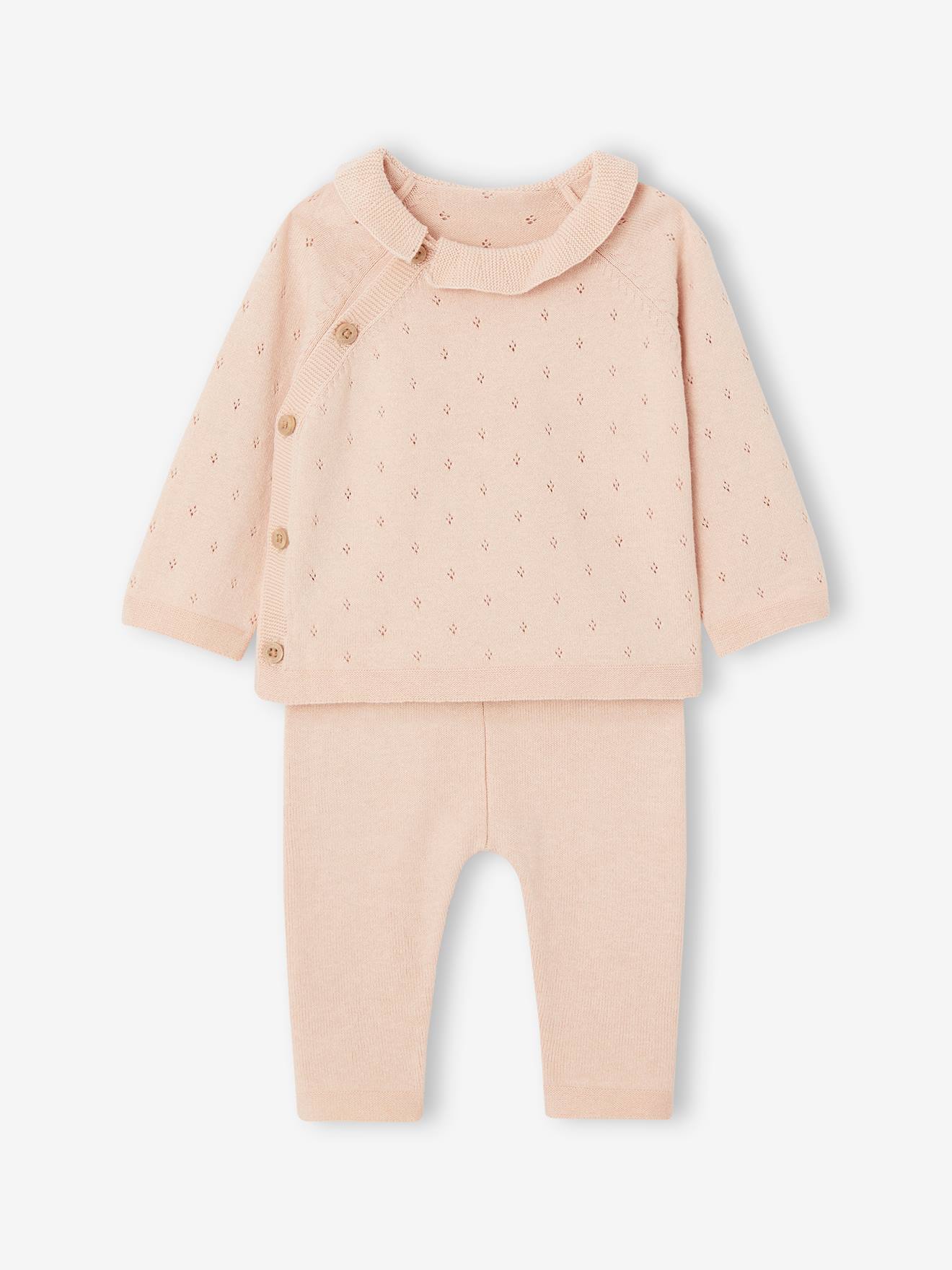 Conjunto em tricot, camisola com folho na gola e calças, para bebé-Bebé  0-36 meses-Vertbaudet