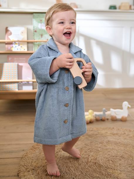 Roupão modelo camisa personalizável, com algodão reciclado, para criança azul-cambraia+bege+terracota 