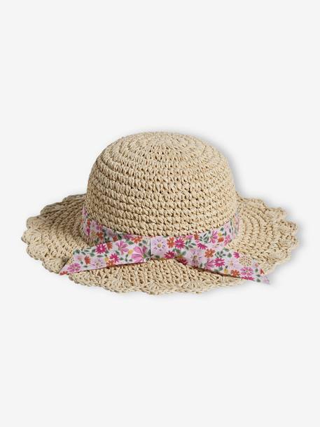 Chapéu aspeto palha efeito crochet, com fita estampada, para menina rosa-pálido 