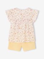 Conjunto blusa às flores e calções, em gaze de algodão, para menina amarelo-pastel+baunilha 