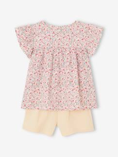 Menina 2-14 anos-Calções -Conjunto blusa às flores e calções, em gaze de algodão, para menina