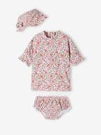 Conjunto de banho anti UV, com t-shirt + cuecas + chapéu tipo bob, para bebé menina rosa 