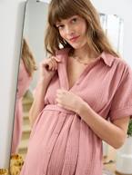 Vestido curto estilo camisa, em gaze de algodão, especial gravidez e amamentação rosa-velho 