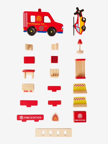 Quartel de bombeiros em madeira e acessórios Vermelho medio liso com motivo 