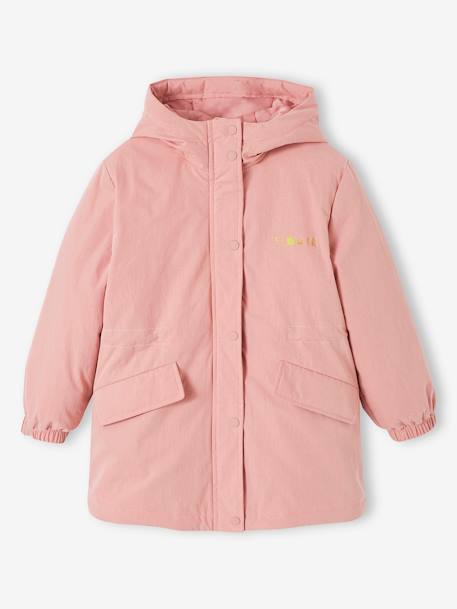 Parka 3 em 1 com capuz e corta-vento às flores amovível, para menina caqui+rosa 