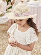 Chapéu aspeto palha efeito crochet, com fita estampada, para menina rosa-pálido 
