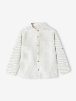 Menino 2-14 anos-Camisas-Camisa com gola Mao, às riscas, em algodão/linho, mangas para dobrar, para menino