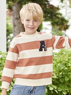 Menino 2-14 anos-Camisolas, casacos de malha, sweats-Sweatshirts-Sweat com riscas largas, emblema em malha tipo borboto, para menino