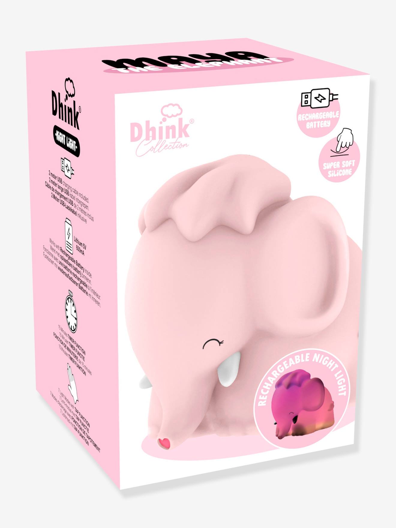 Luz de presença macia, recarregável, Maya o Elefante - DHINK KONTIKI rosa
