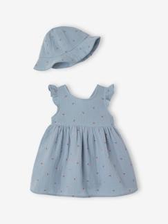 Bebé 0-36 meses-Conjuntos-Conjunto vestido e chapéu tipo bob, em gaze de algodão, para recém-nascido