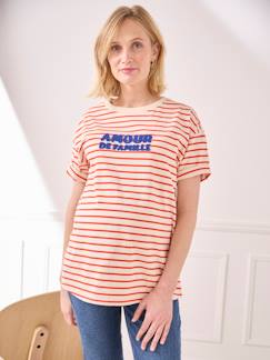 Roupa grávida-T-shirt às riscas com mensagem, em algodão biológico, para grávida
