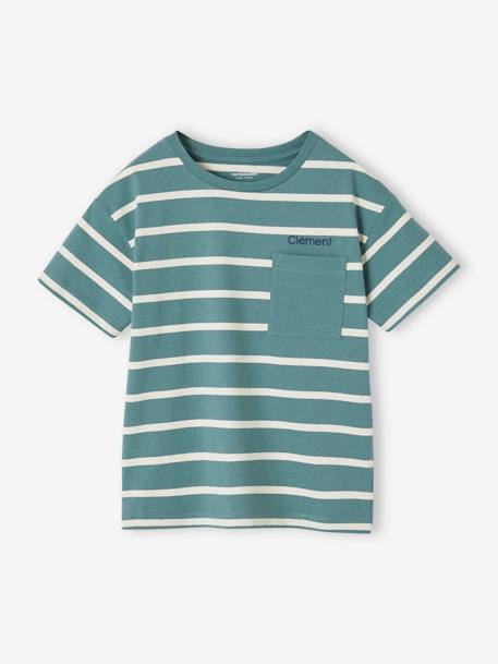 T-shirt às riscas personalizável, para menino ocre+verde-água 