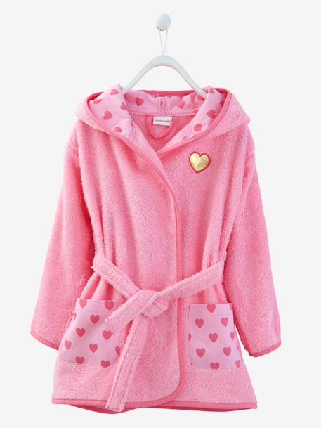 Roupão de banho com capuz, personalizável, para criança Azul cinzento+Rosa liso com decoração 