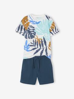 Menino 2-14 anos-Conjunto t-shirt e calções, em gaze de algodão, para menino