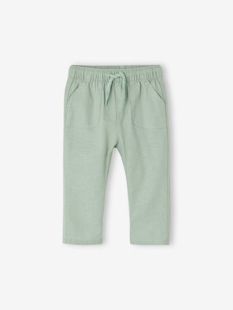 Calças leves, em linho e algodão, para bebé cinzento-pérola+verde-salva 