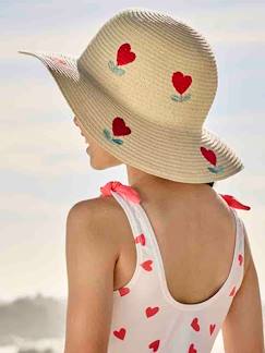 Chapéu modelo capeline aspeto palha, com corações, para menina