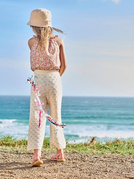 Blusa 'cropped', estampada às flores, alças com folhos, para menina alperce-rosado 