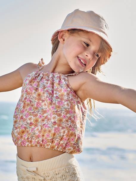 Blusa 'cropped', estampada às flores, alças com folhos, para menina alperce-rosado 