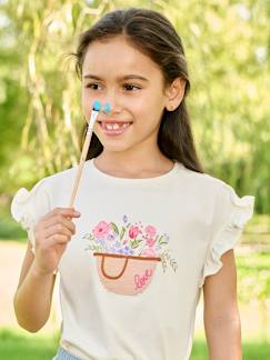 Menina 2-14 anos-T-shirts-T-shirt bordada, mangas curtas com folho, para menina