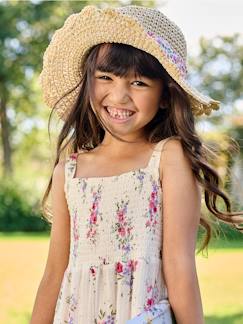 Chapéu aspeto palha efeito crochet, com fita estampada, para menina