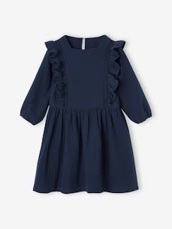 Menina 2-14 anos-Vestido com folhos, em gaze de algodão, para menina