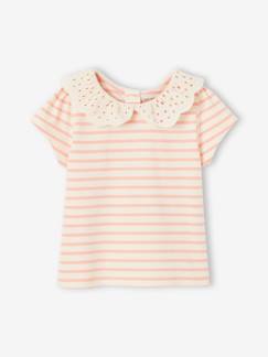 Bebé 0-36 meses-T-shirt às riscas, com gola em bordado inglês, para bebé menina
