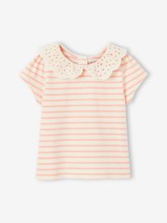 T-shirts-Bebé 0-36 meses-T-shirt às riscas, com gola em bordado inglês, para bebé menina