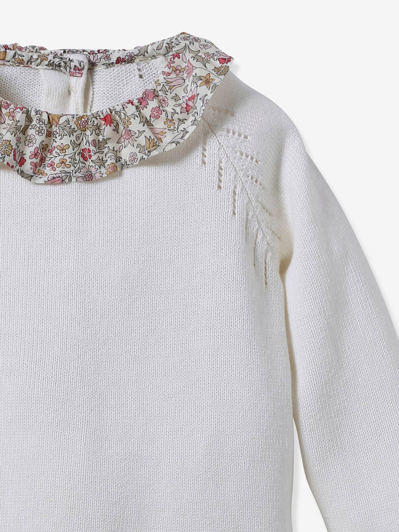 Conjunto em tricot com gola em tecido Liberty, para bebé, da CYRILLUS branco