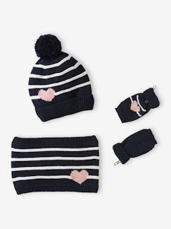 Menina 2-14 anos-Acessórios-Conjunto gorro + gola snood + luvas de polegar/mitenes às riscas/coração, para menina