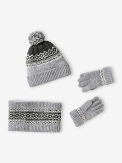 Menino 2-14 anos-Conjunto gorro + gola snood+ luvas jacquard