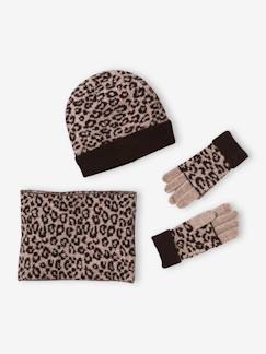 Menina 2-14 anos-Conjunto leopardo com gorro + gola snood + luvas, para menina