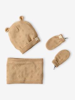 Bebé 0-36 meses-Acessórios-Conjunto para bebé menina: gorro com orelhas + gola snood + luvas sem polegar, em malha ajurada