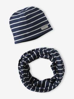 Conjunto às riscas, gorro + gola snood, para menino