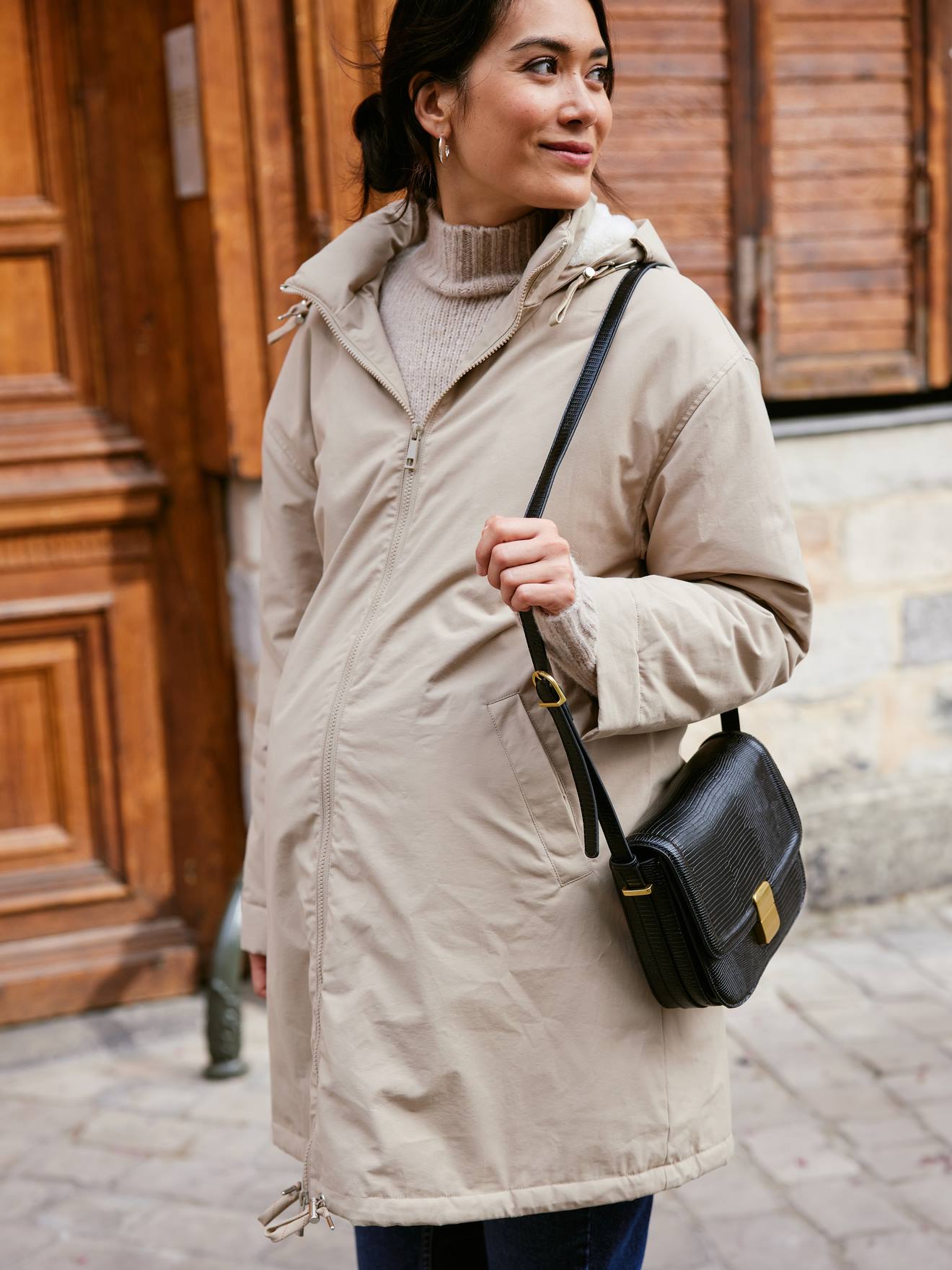 Parka evolutiva para gravidez e transporte do bebé, com luvas amovíveis, ENVIE DE FRAISE bege
