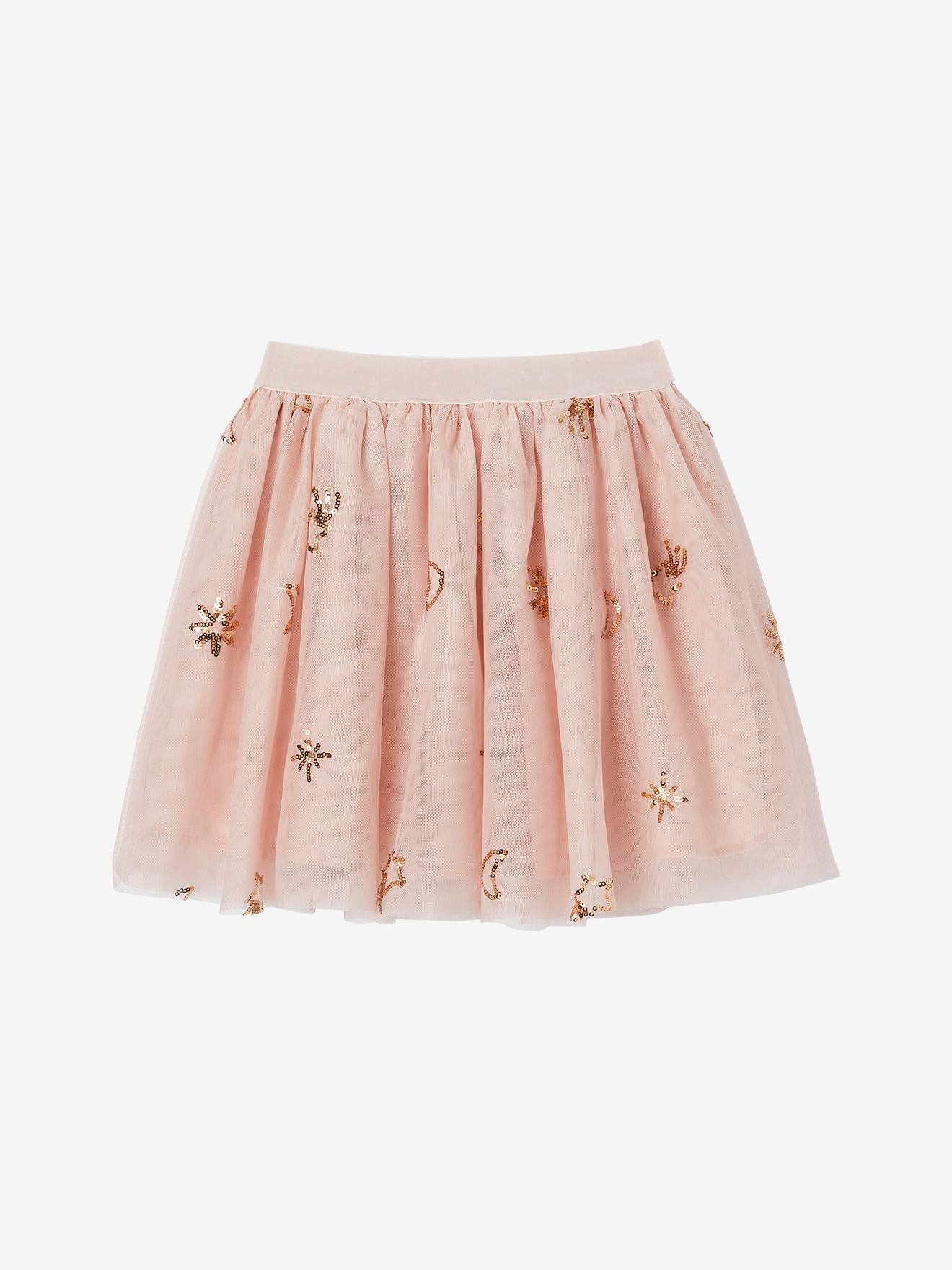 Saia especial cerimónia, em tule com estrelas em lantejoulas, para menina rosado