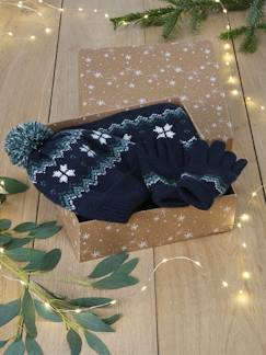 Menino 2-14 anos-Conjunto de Natal "flocos", com gorro + gola snood + luvas/mitenes, para menino