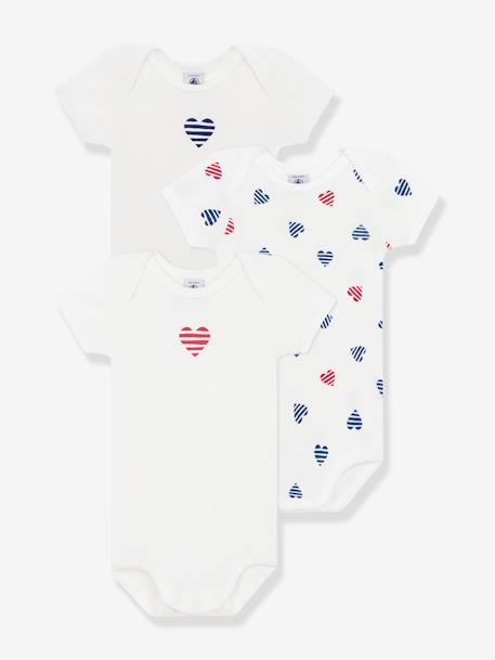 Lote de 3 bodies de mangas curtas, com corações às riscas, para bebé, da Petit Bateau branco 