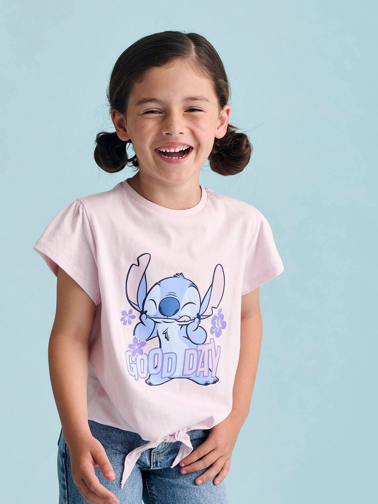 T-shirt com nó e mangas curtas, inscrição 'Good day', Disney® Stitch lilás suave