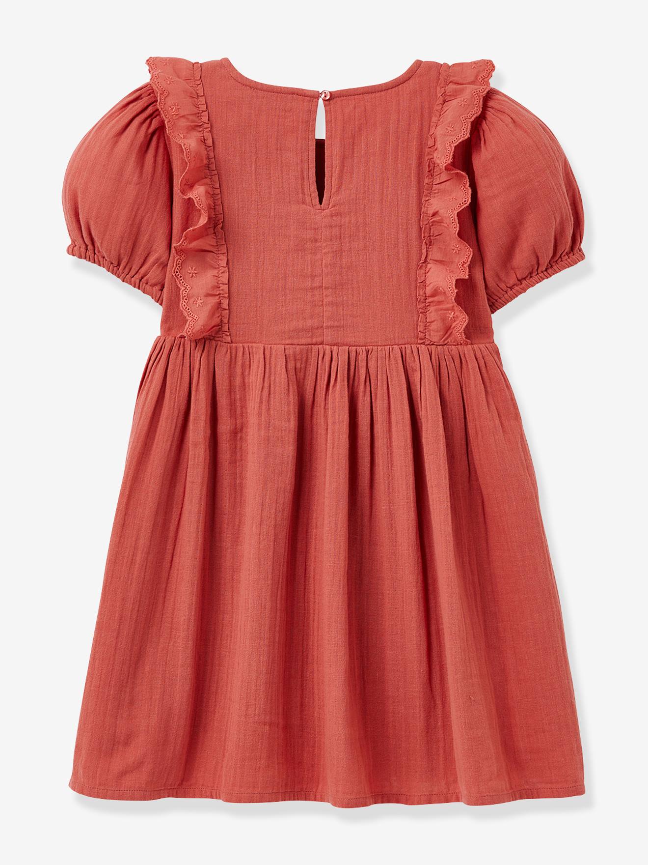 Vestido em gaze de algodão biológico, para menina, da CYRILLUS rosa-blush