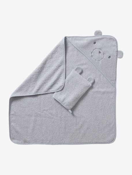 Capa de banho + luva, em algodão bio Cinzento claro liso+Rosa claro liso 