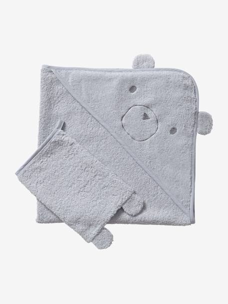 Capa de banho + luva, em algodão bio Cinzento claro liso+Rosa claro liso 