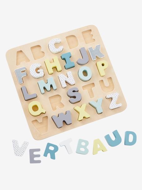 Puzzle de letras de encaixar, em madeira multicolor+ROSA CLARO LISO COM MOTIVO 