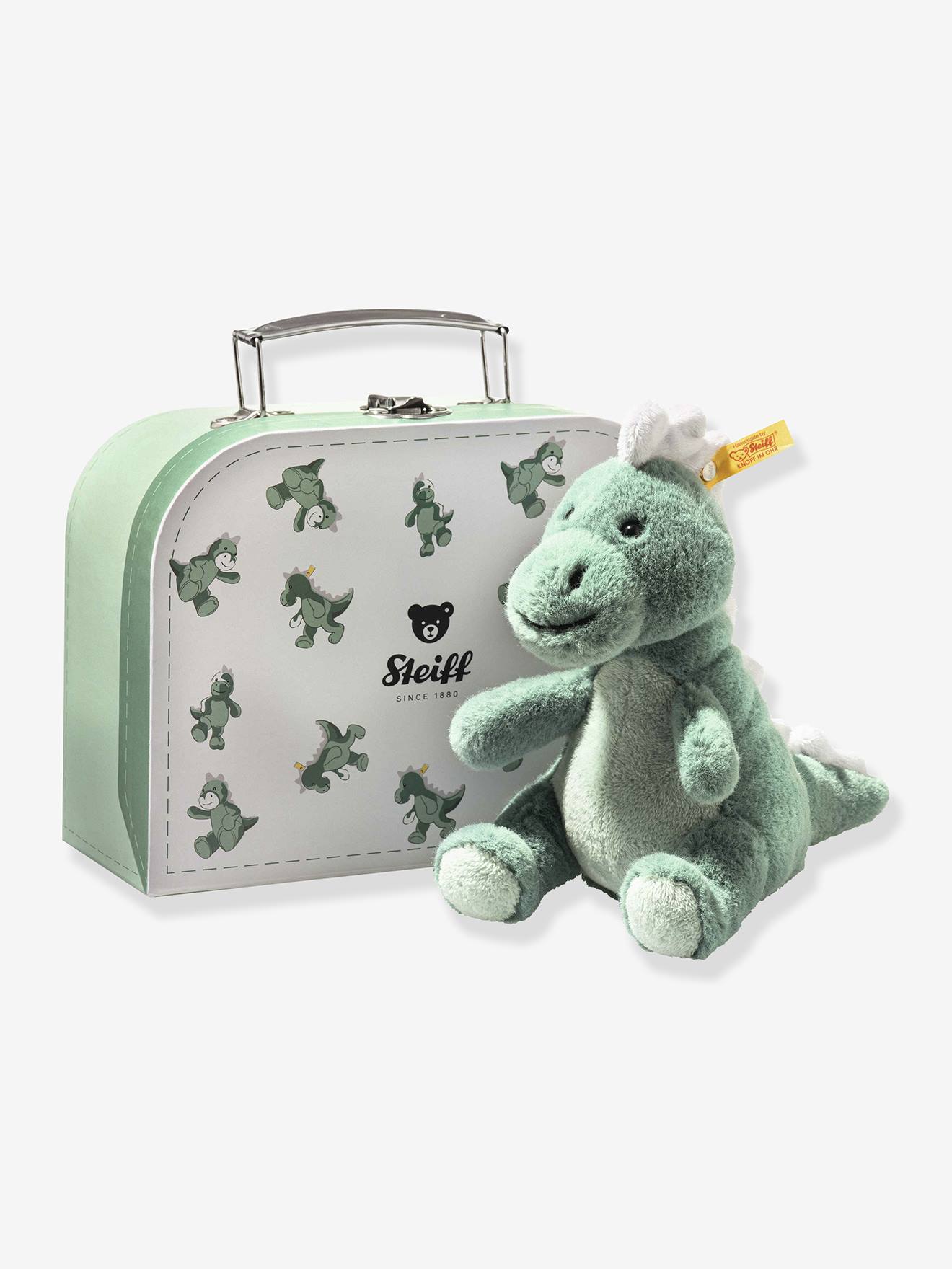 T-Rex de peluche para bebé JOSHI Steiff com mala 16 cm verde